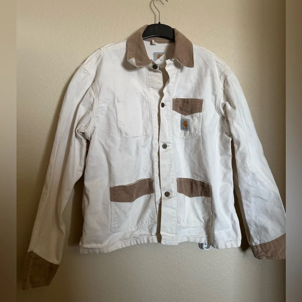 Vintage Carhartt Chore Barn Jacket Sz L in‎ White Tan Corduroy Workwear